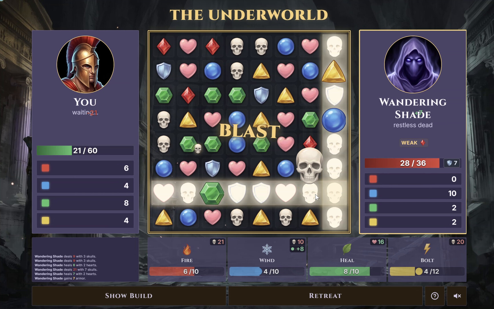 Match-3 combat against the Wandering Shade in the Underworld